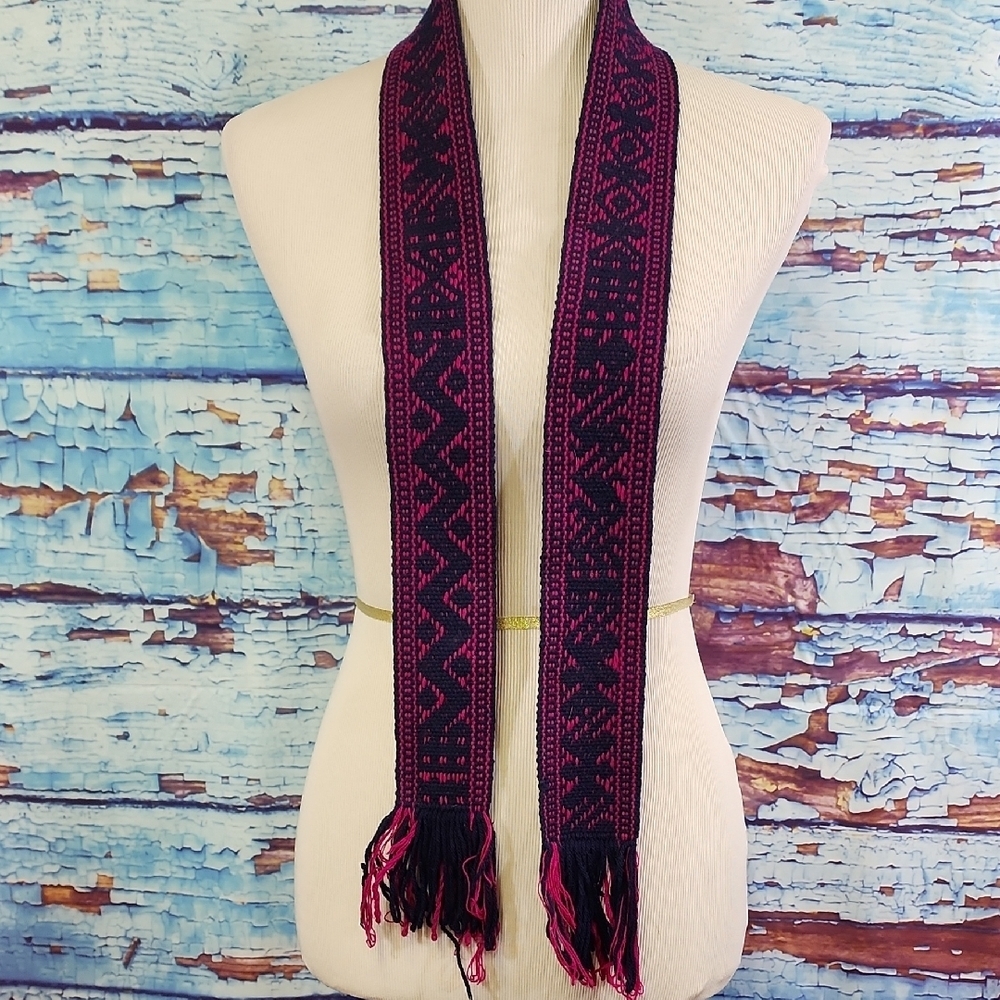 Embroidered  Woven Sash  Black and Pink Patterned
